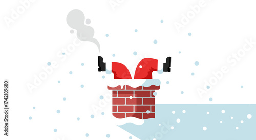 Santa is stuck in a chimney with his legs and arms sticking out surrounded by falling snow