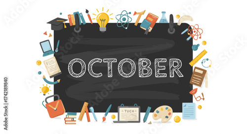 A chalkboard displays OCTOBER surrounded by educationrelated items like books a lightbulb  a laptop