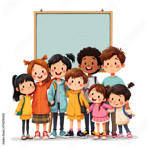 Diverse Group of Smiling Cartoon Children Posing Near a Chalkboard.