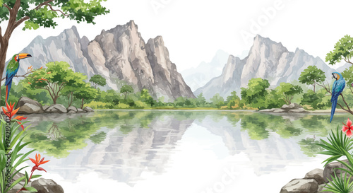 Jungle landscape with mountains reflecting in a lake toucan  macaw