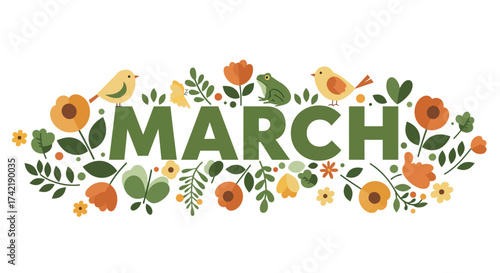 MARCH in bold green amid flowers birds and a frog evoking spring