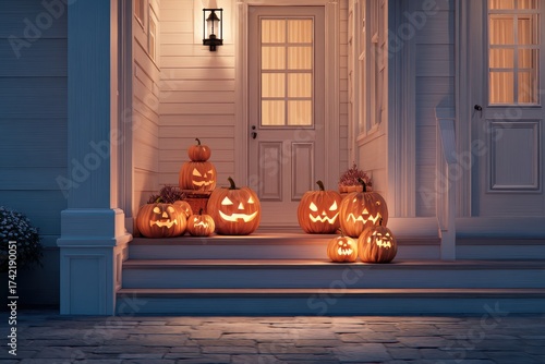 Illuminated jack o lanterns on front porch steps of a white house at dusk for halloween season