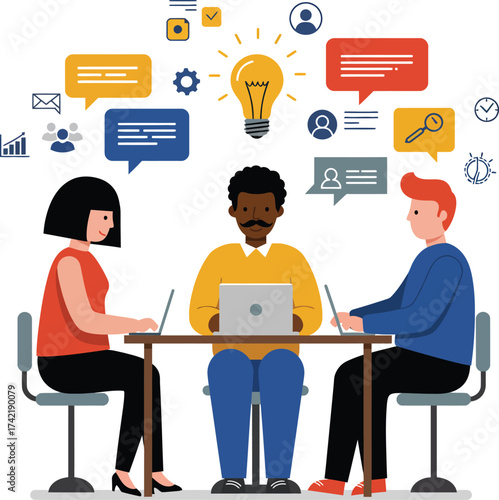 Diverse team collaborates on project idea generation with digital tools and communication symbols isolated on transparent background