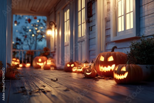 Illuminated jack o lanterns line a porch for halloween night creating a festive atmosphere outdoors