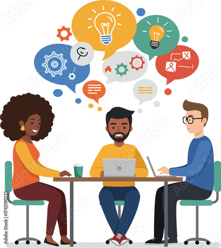 Diverse team collaborating on ideas generating innovation and problem solving in a meeting isolated on transparent background