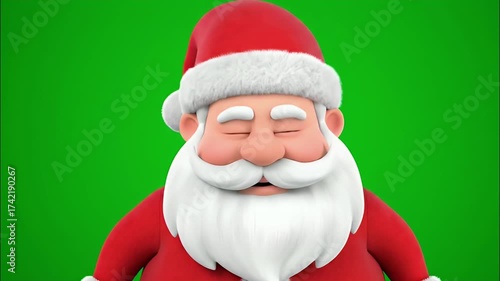 An animated 3D Santa Claus character with a big white beard and red hat smiles and laughs heartily on a green screen.