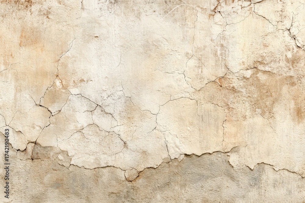 Obraz premium A weathered, light beige and tan stucco wall displays a network of intricate cracks.