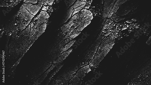 Grunge artwork with geological structures and cracked stones. Dramatic high contrast fractured cracked surface of rock texture in stippling style. Pointillism. Noisy grainy shading using dots. Vector