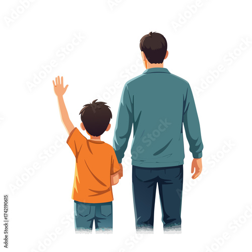 Father and Son Holding Hands Boy Waving Back View Cartoon Style.