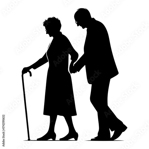 Elderly couple walking together silhouette illustration