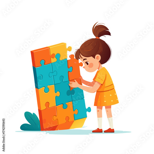 Focused little girl assembling a vibrant multicolored puzzle carefully placing an orange piece.