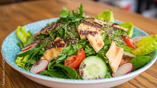 A vibrant Fattoush salad in a bluerimmed bowl sits on a wooden table