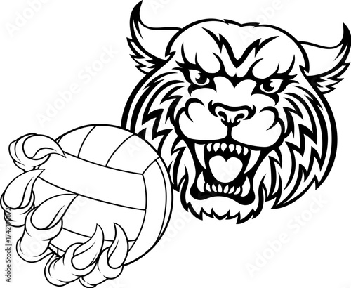A wildcat cougar lynx lion volleyball animal sports mascot holding a volley ball in his claw