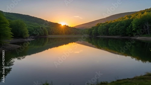 Calm lake reflects sunset over forested hills