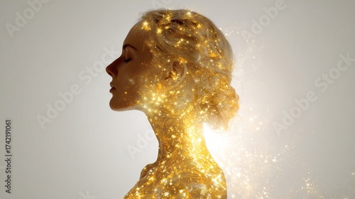 A profile view of a woman's face merging with golden sparks, suggesting inner peace and creativity