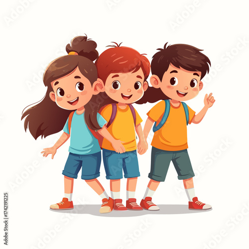 Group of three cheerful cartoon children with backpacks smiling walking together ready for school.