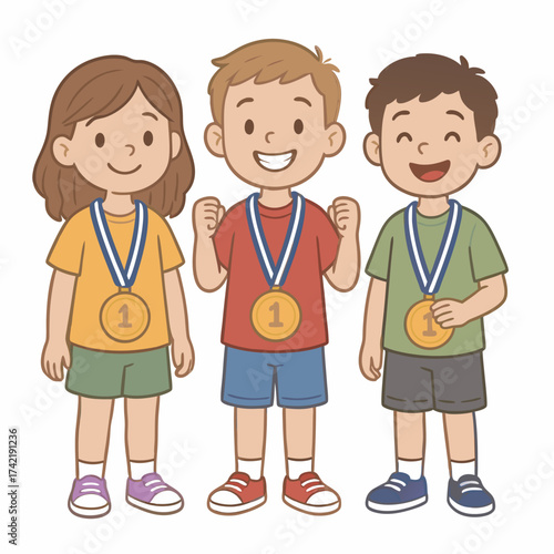 Group of three happy cartoon children two boys and a girl celebrating with first place gold medals.