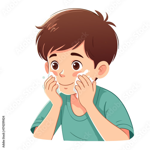Happy cartoon boy washing face with white foam daily hygiene routine.