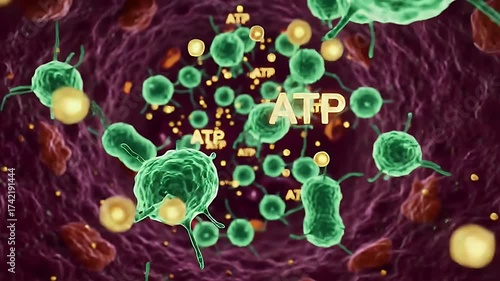 Adenosine Triphosphate Illustration with Green Spheres and Purple Veins