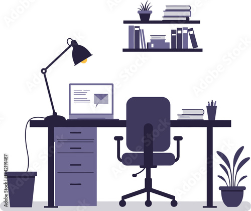 Modern home office desk setup with laptop lamp chair bookshelf and plants isolated on transparent background