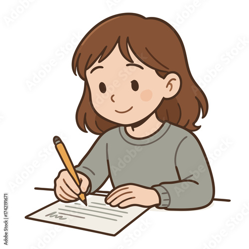 Happy cartoon girl with brown hair grey shirt writing on paper with yellow pencil.
