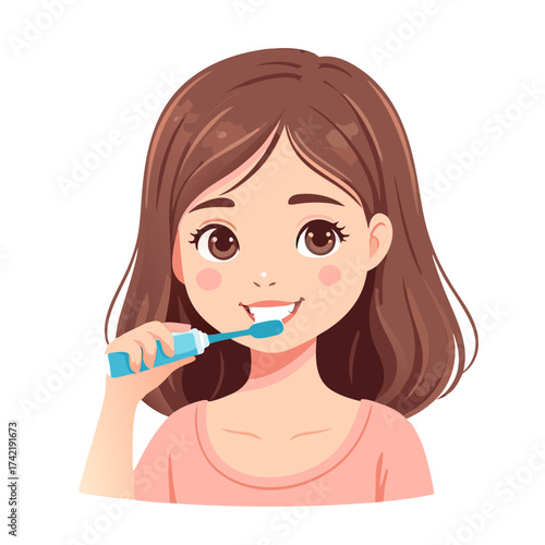 Happy cartoon girl with brown hair brushing her bright white teeth using a blue toothbrush.