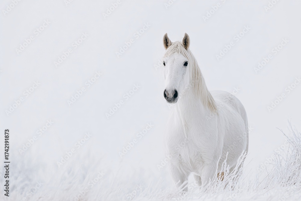 Fototapeta premium Minimalist portrait of a white horse in a snowy landscape Generative AI