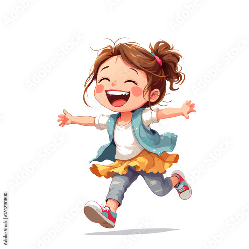 Happy cartoon girl with rosy cheeks and wide smile running playfully with arms open.