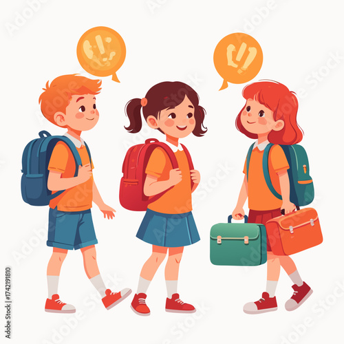Happy cartoon school children walking together a diverse group of students with backpacks and bags talking.