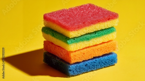 Stack of five colorful cleaning sponges arranged on vibrant yellow surface, casting shadow; concept for household chores, cleanliness promotion and hygiene maintenance