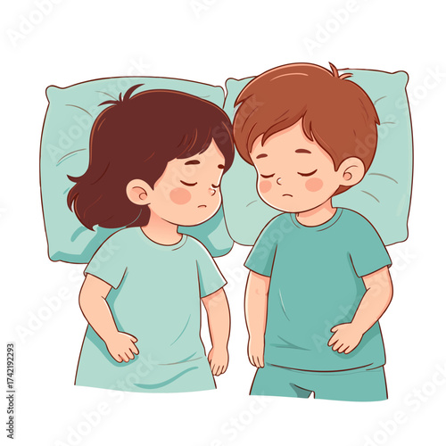 Illustrated boy and girl sleeping sadly on separate teal pillows wearing matching pajamas soft colors.