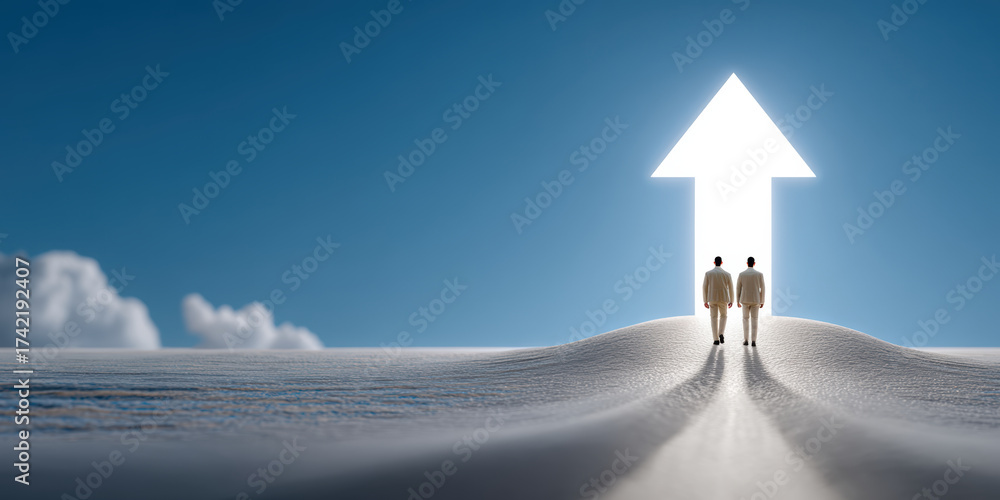 Fototapeta premium Business two businessmen walking toward illuminated arrow symbol on sand dune under blue sky conveying growth ambition