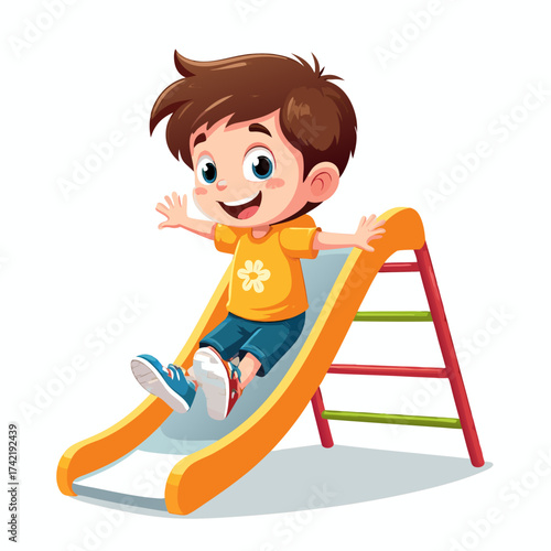 Joyful cartoon boy sliding down an orange playground slide.