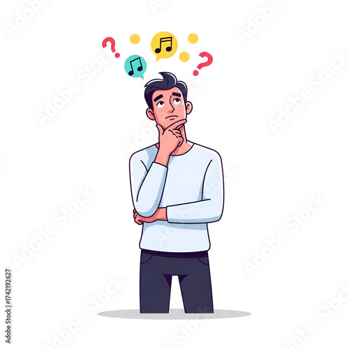 Illustration of man thinking about music with question marks above head