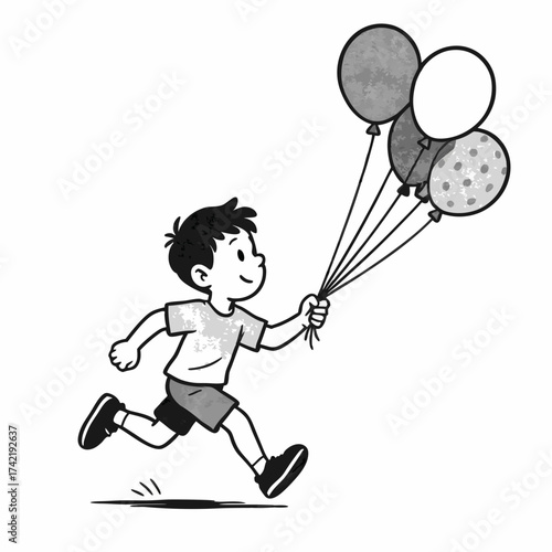 Joyful young boy running with a bunch of colorful balloons.