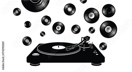 Retro turntable playing music with vinyl records floating around, evoking nostalgia and sound.