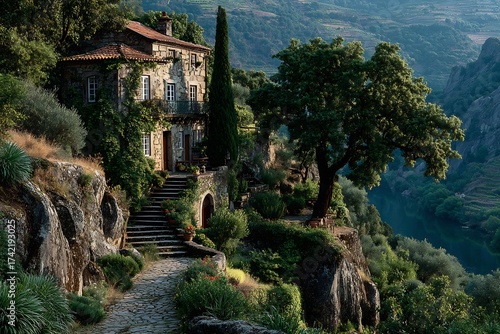 Discover serene old stone villa nestled amidst lush green terraced hills overlooking tranquil river valley