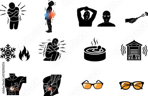 Illustrations depicting cold pain and heatrelated remedies and symptoms.