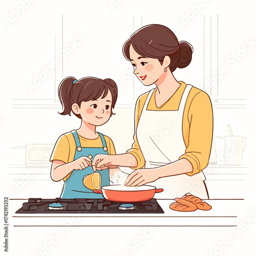 Mother and daughter happily cooking together in a bright kitchen.