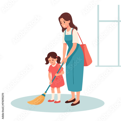 Mother and Daughter Sweeping Together Cartoon Style Wearing Casual Clothes Smiling.
