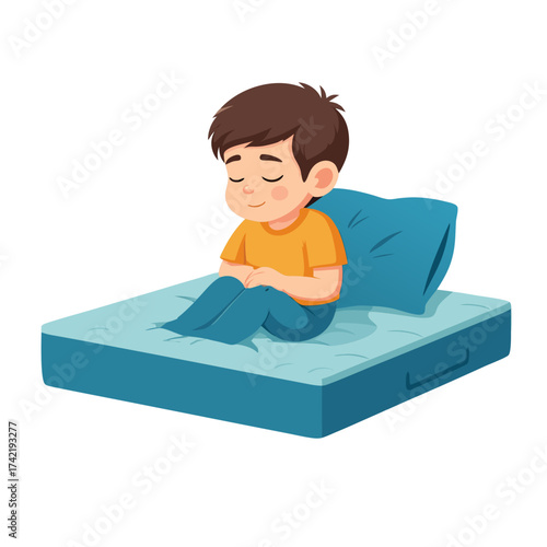 Peaceful cartoon boy with brown hair and closed eyes sitting calmly on a blue mattress.