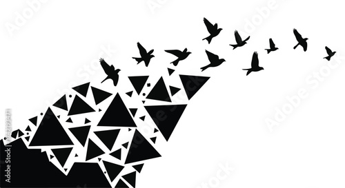 Flock of birds taking flight from a dissolving geometric landscape
