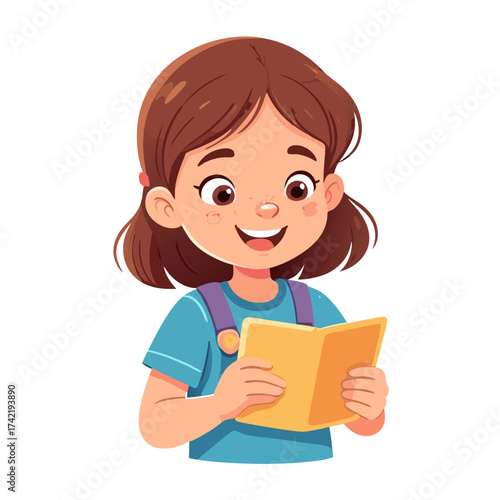 Smiling cartoon girl with brown ponytail and freckles happily reading an open yellow book.
