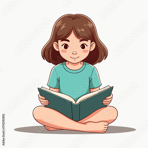 Smiling cartoon girl with brown hair and teal shirt sitting crosslegged happily reading an open book.
