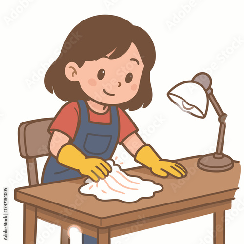 Smiling Cartoon Woman Cleaning Wooden Table with Yellow Gloves.