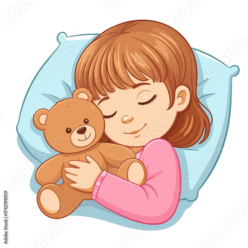 Smiling Girl Sleeping Peacefully While Hugging a Teddy Bear.
