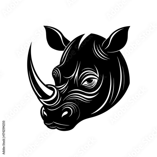 Illustration of a rhino head in black ink on transparent background