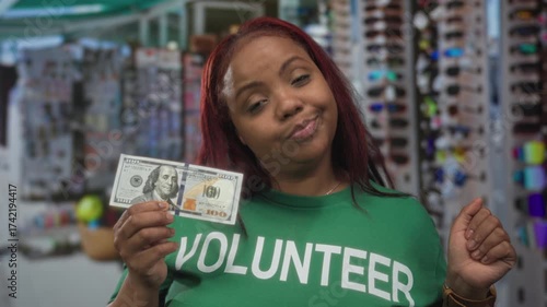 Wallpaper Mural Woman wearing volunteer shirt holds banknote in market building while pointing finger; donation charity generosity support. Torontodigital.ca