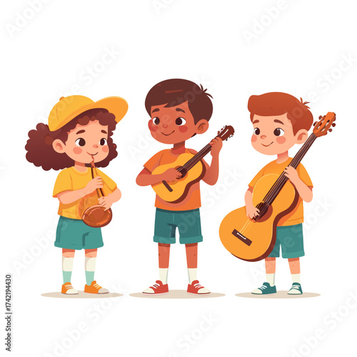 Three Cartoon Children Playing Musical Instruments with Joyful Expressions.