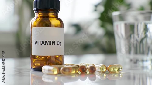 Vitamin D3 Supplement Brown Bottle With Pills And Glass On Marble Table In Bright Indoor Setting